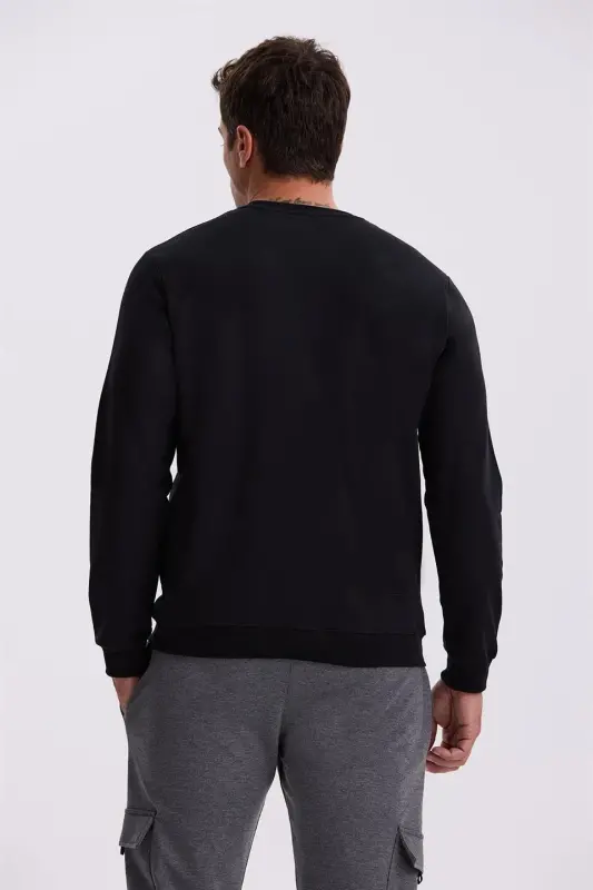 Qora Slim Fit Velosiped Yaxa Bosilgan %100 Paxtadan Qilngan kozok - 4
