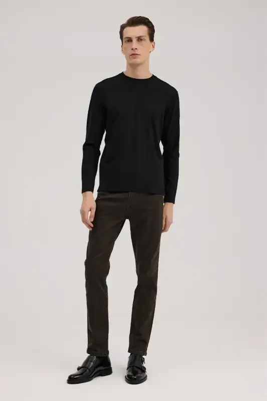 Qora Slim Fit Velosiped Yoqali Rayon Uzun Qisma Asosiy Futbolka - 2