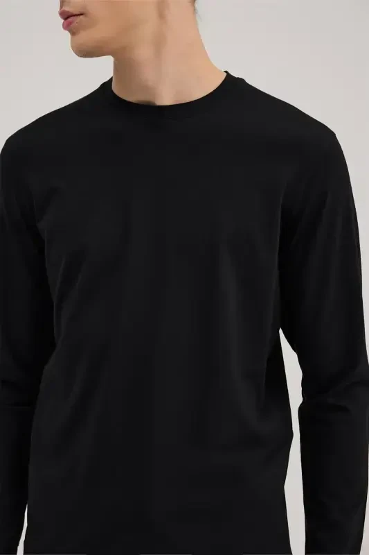 Qora Slim Fit Velosiped Yoqali Rayon Uzun Qisma Asosiy Futbolka - 3