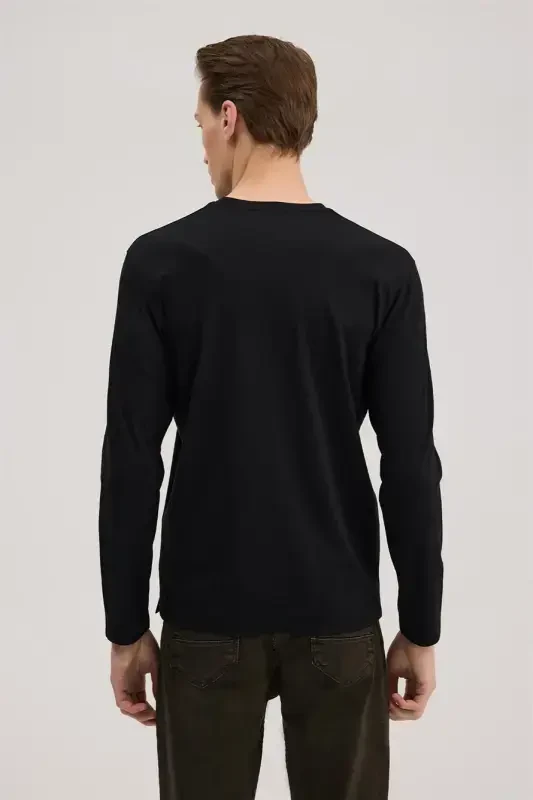 Qora Slim Fit Velosiped Yoqali Rayon Uzun Qisma Asosiy Futbolka - 4