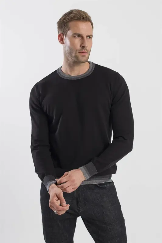 Qora Slim Fit Velosiped Yoqali Trikotaj Kozok - 3