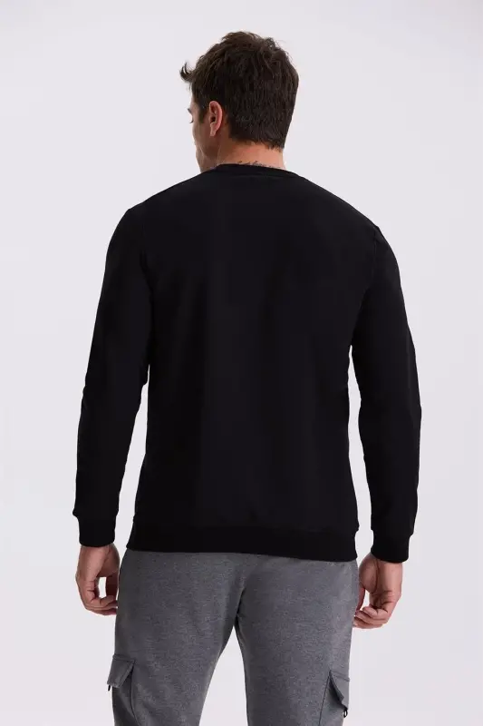 Qora Slim Fit Velotipli Yoqa %100 Paxtadan Sweatshirt - JAKAMEN