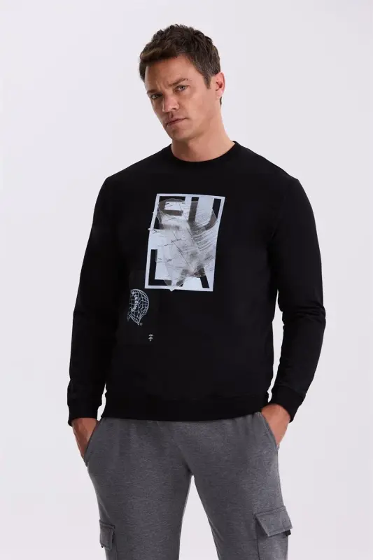 Qora Slim Fit Velotipli Yoqa %100 Paxtadan Sweatshirt - 2