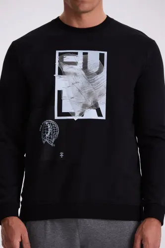 Qora Slim Fit Velotipli Yoqa %100 Paxtadan Sweatshirt - 4