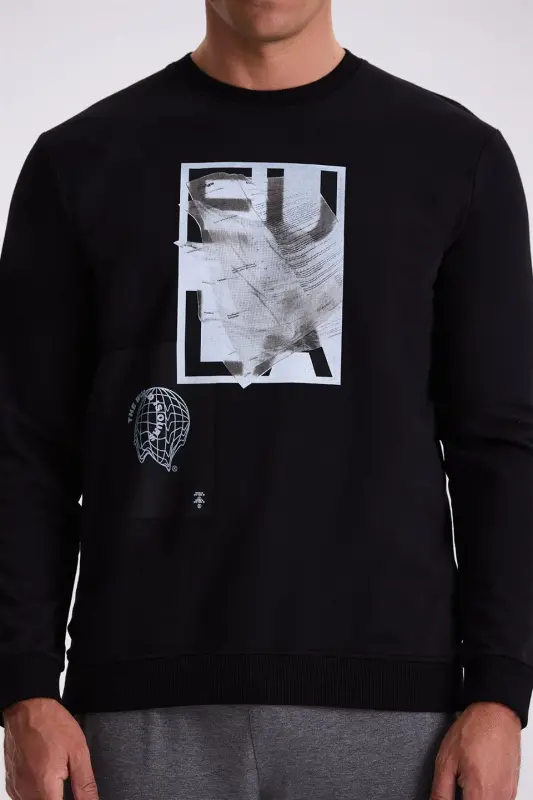 Qora Slim Fit Velotipli Yoqa %100 Paxtadan Sweatshirt - 4