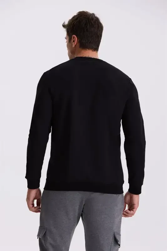 Qora Slim Fit Velotipli Yoqa %100 Paxtadan Sweatshirt - 1
