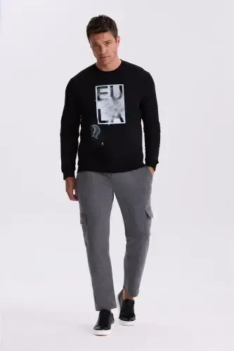 Qora Slim Fit Velotipli Yoqa %100 Paxtadan Sweatshirt - 3
