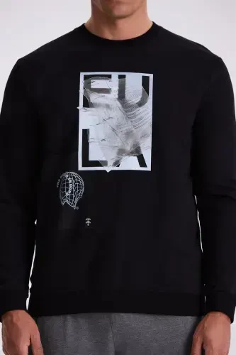 Qora Slim Fit Velotipli Yoqa %100 Paxtadan Sweatshirt - 4