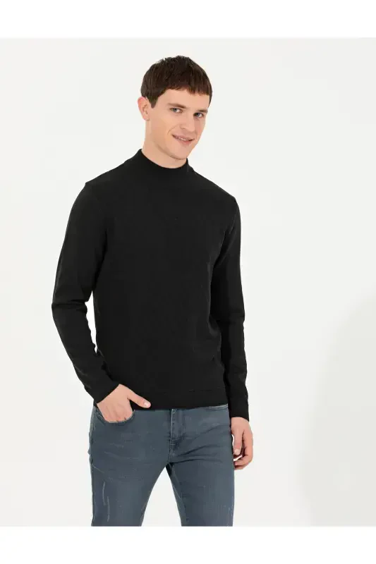 Qora Slim Fit Yarim Balıkçı Yaka Triko Kazak 50265917-VR046 - 4