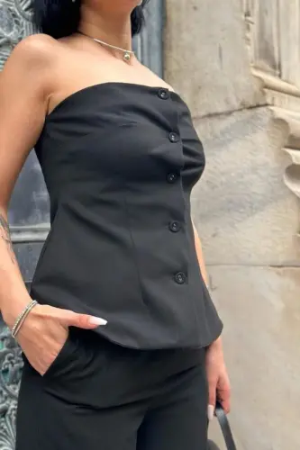 Qora straplez tugmali krop va shim kostyumi - 3