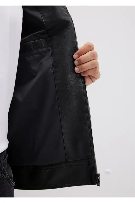 Qora sun'iy teri kurtka Slim Fit / tor kesilgan 0110438-71379 - 6