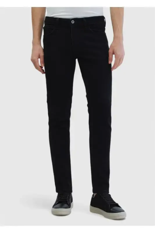 Qora tekis slim fit denim paxta aralash shim - 2