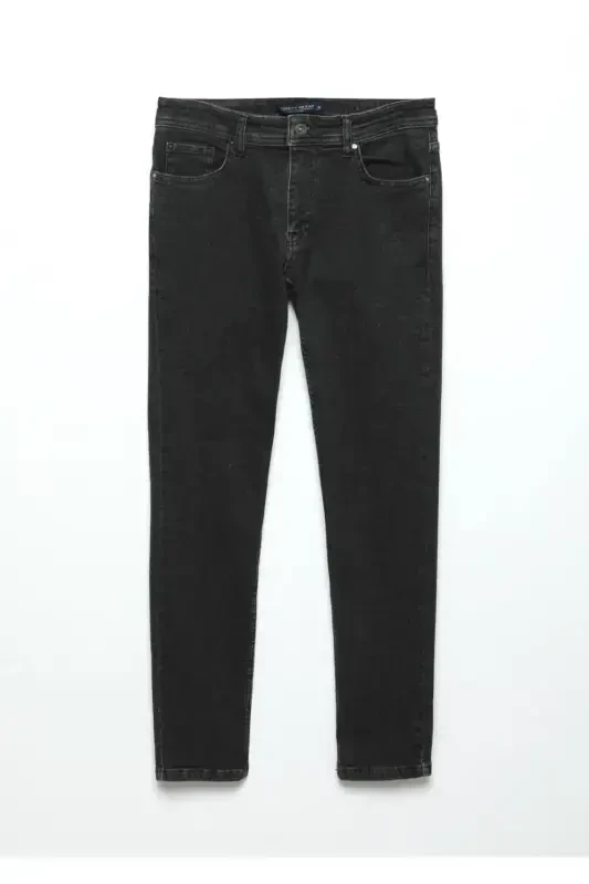Qora tekis slim fit denim paxta aralash shim - 6