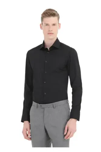 Qora tekis Slim Fit to'qilgan klassik paxta aralash ko'ylak - RAMSEY (1)