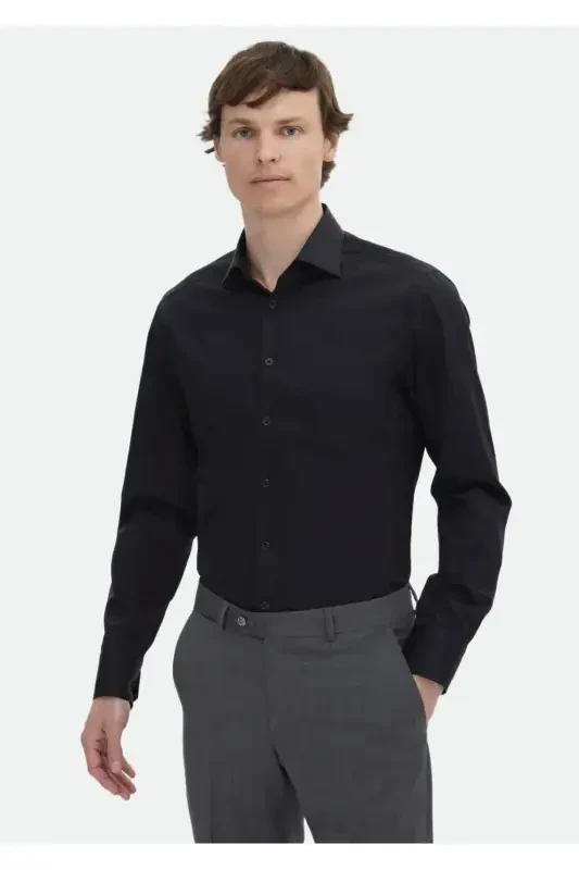 Qora tekis slim fit to'qima klassik 100% paxta ko'ylak - 1