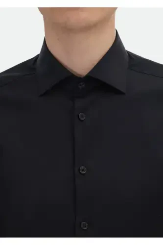 Qora tekis slim fit to'qima klassik 100% paxta ko'ylak - 4