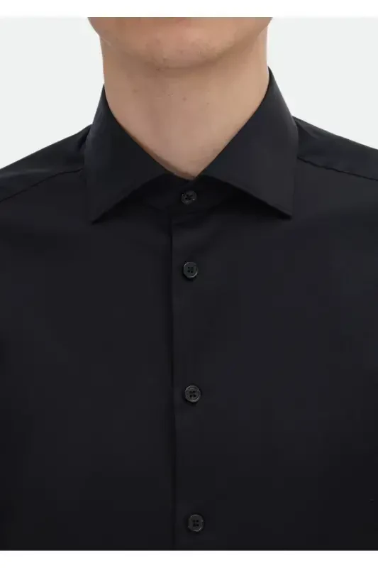 Qora tekis slim fit to'qima klassik 100% paxta ko'ylak - 4