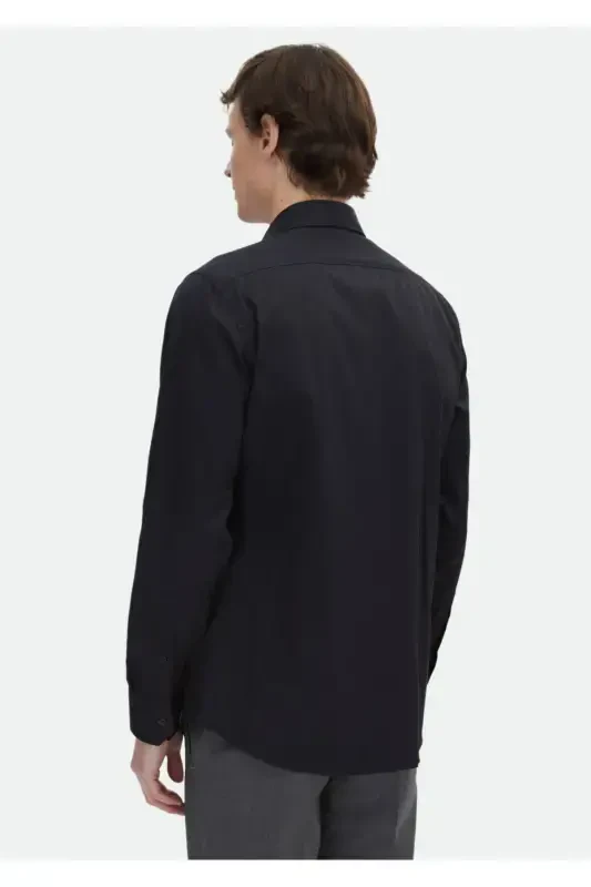 Qora tekis slim fit to'qima klassik 100% paxta ko'ylak - 6