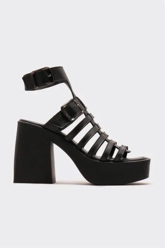 Qora teri ayollik poshnali sandal - ELLE SHOES