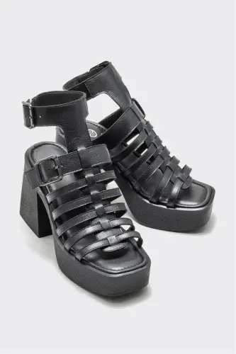Qora teri ayollik poshnali sandal - ELLE SHOES (1)