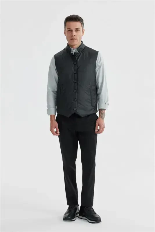 Qora Toʻgʻri yoqali Ikkita Tomonlama Slim Fit Jiletka - 2