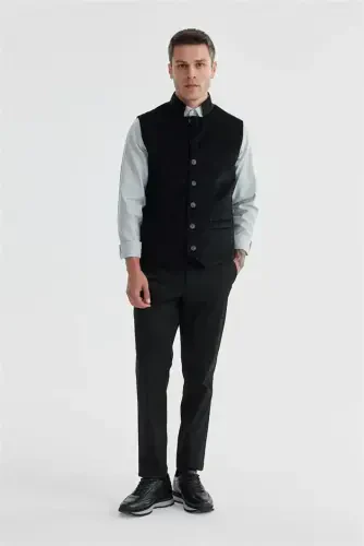 Qora Toʻgʻri yoqali Ikkita Tomonlama Slim Fit Jiletka - 3