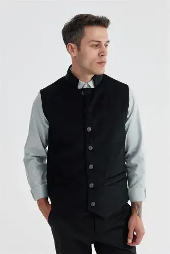 Qora Toʻgʻri yoqali Ikkita Tomonlama Slim Fit Jiletka - 4