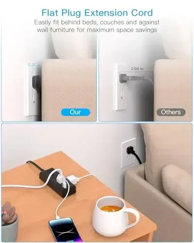 Qora uzatma kabeli 10 Ft, HANYCONY ultra yupqa tekis vilka quvvat chizig'i 6 rozetka va 3 USB porti (2 USB C), kollej yotoqxonasi ofis stoli uchun ko'p rozetkali uzun uzatma kabeli - 2