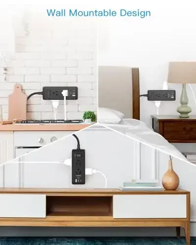 Qora uzatma kabeli 10 Ft, HANYCONY ultra yupqa tekis vilka quvvat chizig'i 6 rozetka va 3 USB porti (2 USB C), kollej yotoqxonasi ofis stoli uchun ko'p rozetkali uzun uzatma kabeli - 7