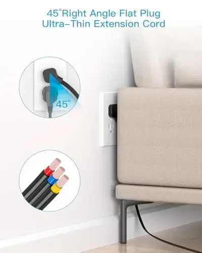 Qora uzaytirgich kabeli 15 fut, HANYCONY uzun kabeli oʻta yupqa tekis vilka quvvat tasmasi 6 rozetka va 3 USB porti (2 USB C), kollej yotoqxonasi uy ofisi uchun devorga oʻrnatish - 3