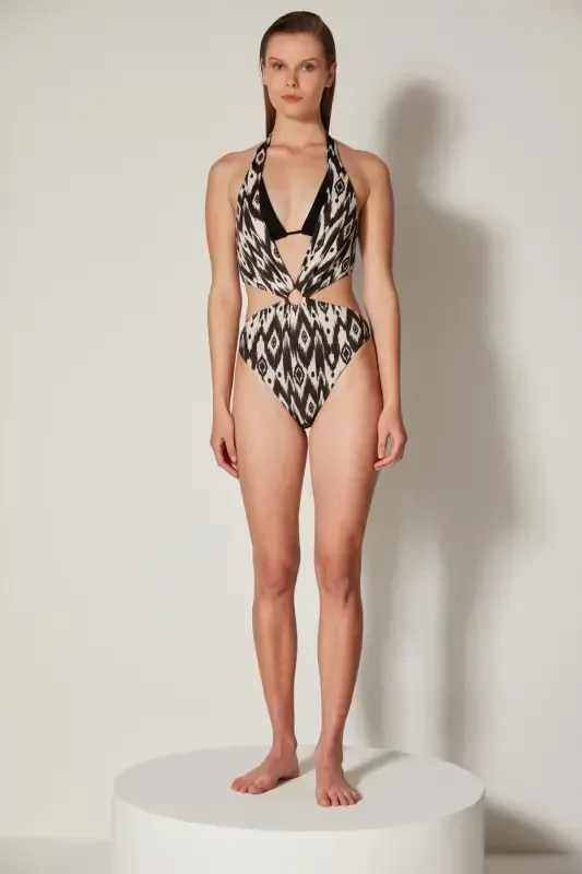 Qora va Oq Rangli Bo'yinbog'li Olivia Monokini Mayokini - Erkin Masur Kollektsiyasi - 2