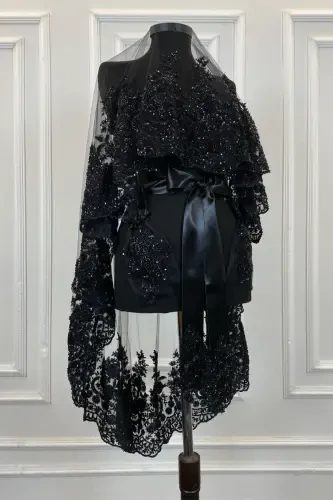 Qora Vip Deluxe Kelinlik Ro'mol To'plami, Xina Ro'moli 6 Qismli To'liq To'plam-Qora - 1