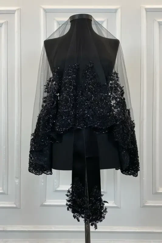 Qora Vip Deluxe Kelinlik Ro'mol To'plami, Xina Ro'moli 6 Qismli To'liq To'plam-Qora - 3