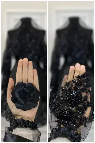 Qora Vip Deluxe Kelinlik Ro'mol To'plami, Xina Ro'moli 6 Qismli To'liq To'plam-Qora - 4