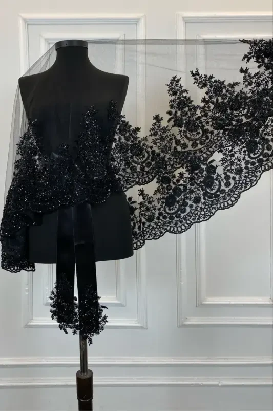 Qora Vip Deluxe Kelinlik Ro'mol To'plami, Xina Ro'moli 6 Qismli To'liq To'plam-Qora - 8