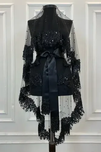 Qora Vip Kelin Ro'mol To'plami, ромашка гипюрли мончокли пулли Инжили кина duvagi To'plami 6 qism-Qora - 1