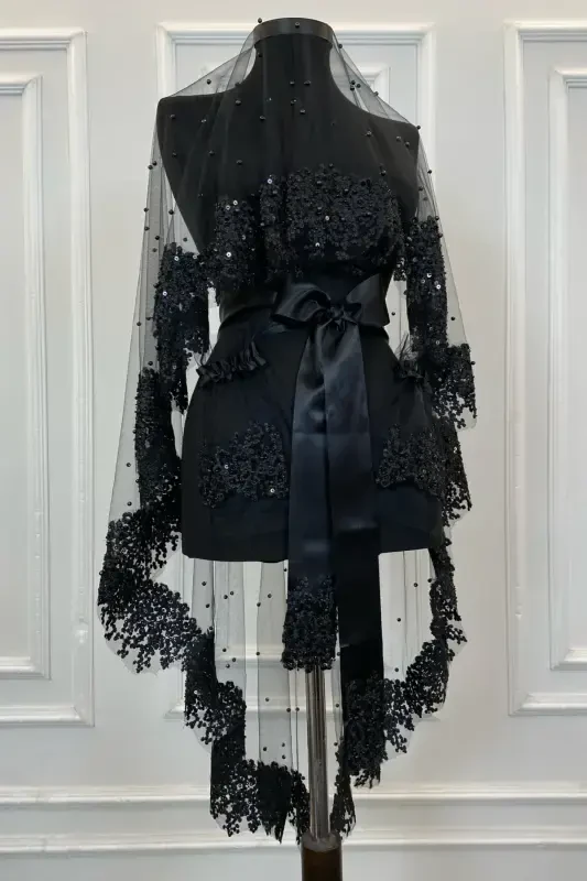 Qora Vip Kelin Ro'mol To'plami, ромашка гипюрли мончокли пулли Инжили кина duvagi To'plami 6 qism-Qora - 2