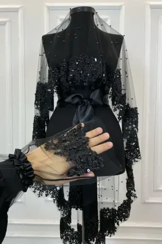 Qora Vip Kelin Ro'mol To'plami, ромашка гипюрли мончокли пулли Инжили кина duvagi To'plami 6 qism-Qora - 3