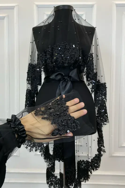 Qora Vip Kelin Ro'mol To'plami, ромашка гипюрли мончокли пулли Инжили кина duvagi To'plami 6 qism-Qora - 3