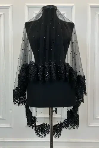 Qora Vip Kelin Ro'mol To'plami, ромашка гипюрли мончокли пулли Инжили кина duvagi To'plami 6 qism-Qora - 5