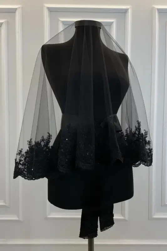 Qora Xina Ro'mol To'plami, Nozik naqshli yorqin gipürli qora kelin ro'mol to'plami-Qora - 2