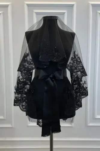 Qora Xina Ro'mol To'plami, Nozik naqshli yorqin gipürli qora kelin ro'mol to'plami-Qora - 3