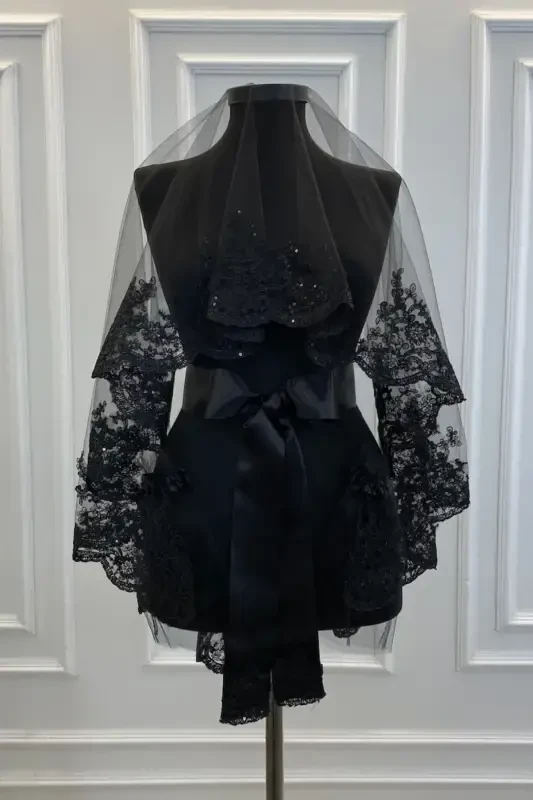 Qora Xina Ro'mol To'plami, Nozik naqshli yorqin gipürli qora kelin ro'mol to'plami-Qora - 3