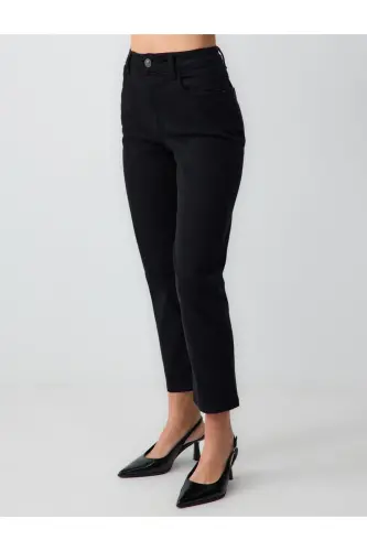 Qora Yüksek Bel Oddiy Oyoq Denim Shim - Qora - 4