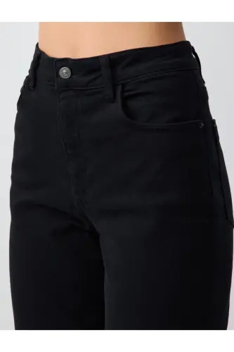 Qora Yüksek Bel Oddiy Oyoq Denim Shim - Qora - 5