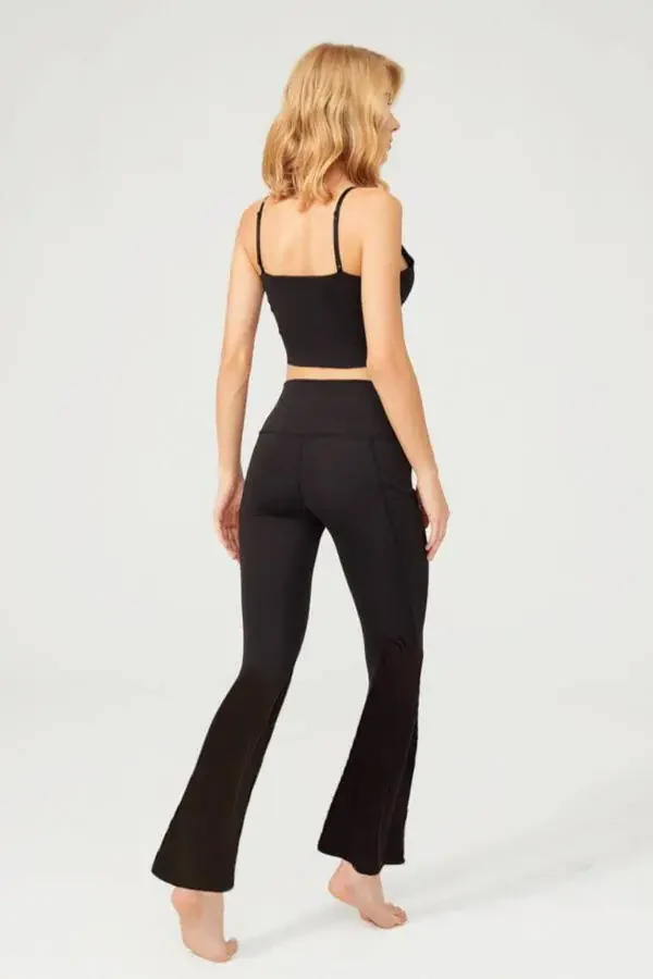 Qora yuqori bel ikki cho'ntakli keng oyoqli ayollar uchun leggins - 3