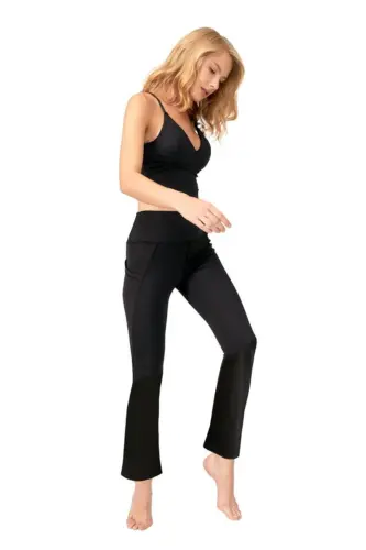 Qora yuqori bel ikki cho'ntakli keng oyoqli ayollar uchun leggins - COTTONHILL (1)