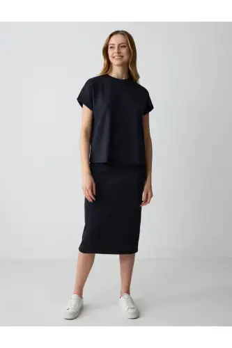 Qora Yuqori Bel Torli Midi Yubka - 1