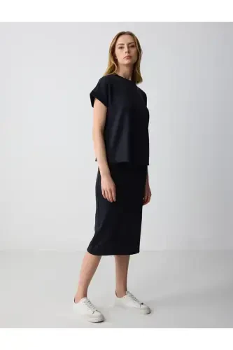 Qora Yuqori Bel Torli Midi Yubka - 3