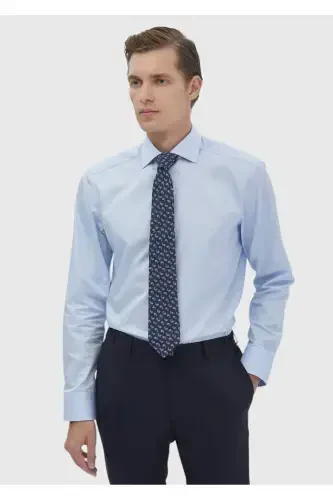 Qorong'i ko'k tekis regular fit to'qima klassik 100% paxta ko'ylak - 1